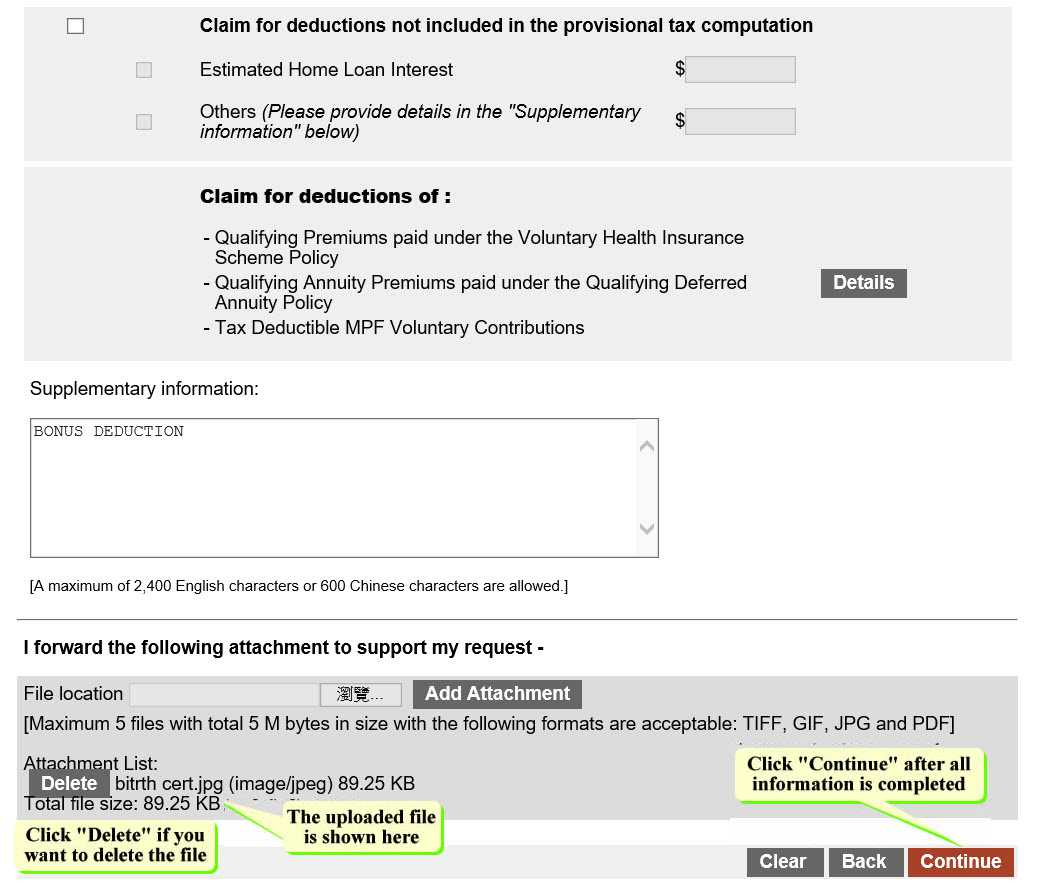 Click 'Delete' if you want to delete the file
The uploaded file is shown here
Click Continue after all information is completed
